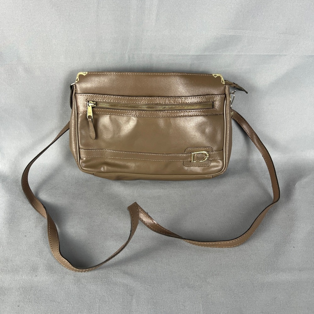 Vintage Taupe Brown Crossbody Bag Gold Tone Hardware Multi Pocket Shoulder Bag